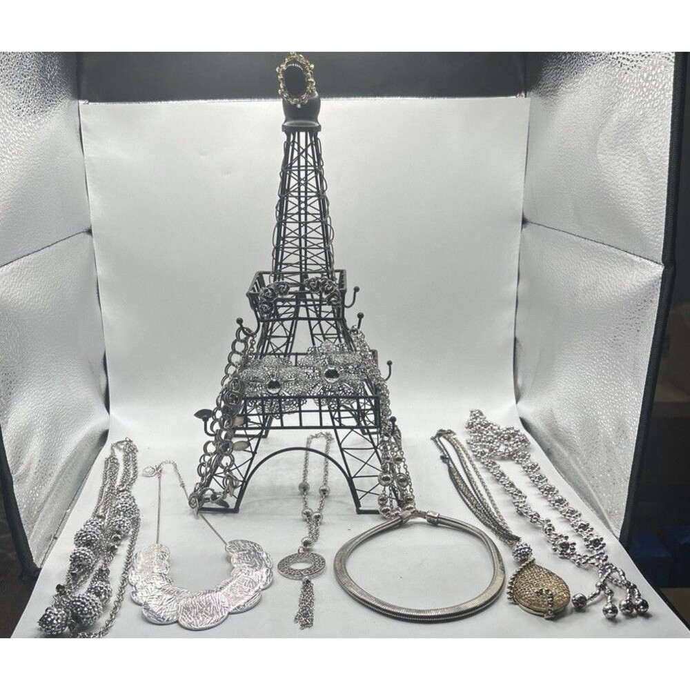 Silvertone Estate Jewelry Lot Necklaces Bracelets Earrings Pin Ring, Tower 13 Pc